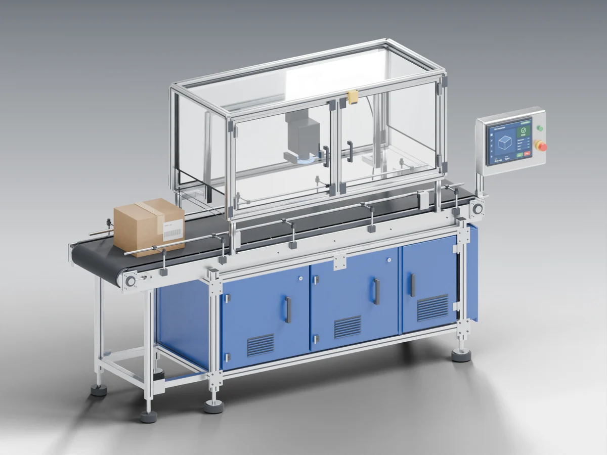 Packaging cell: enclosed conveyor with scanner, monitor and drive assembly