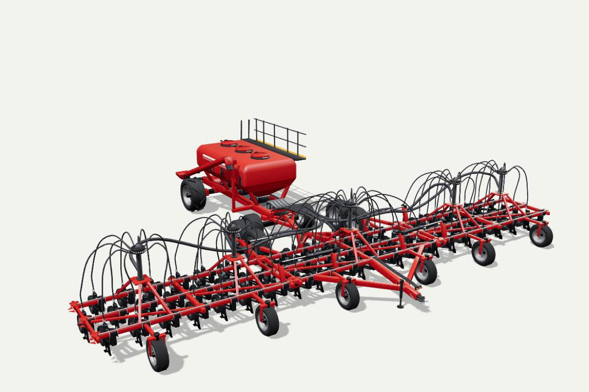 Cultivar agricultural machinery configurator at step one of eight, listing Ridgeline tractor models with their published spec profiles — 310 HP, Cat IV, 190 LPM, six remotes — beside a real-time 3D preview of the selected R310