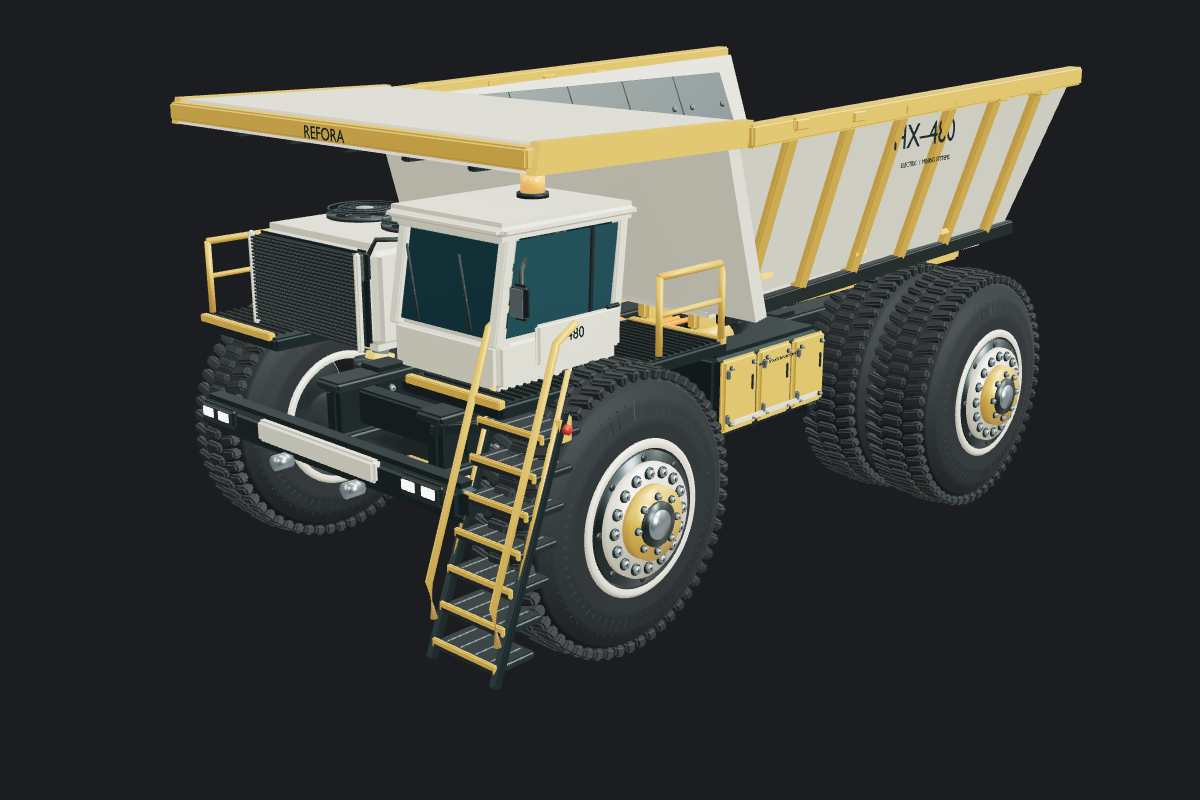 Refora public assembly demonstration showing the HX-480 electric haul truck studio render alongside inspection and assembly separation controls